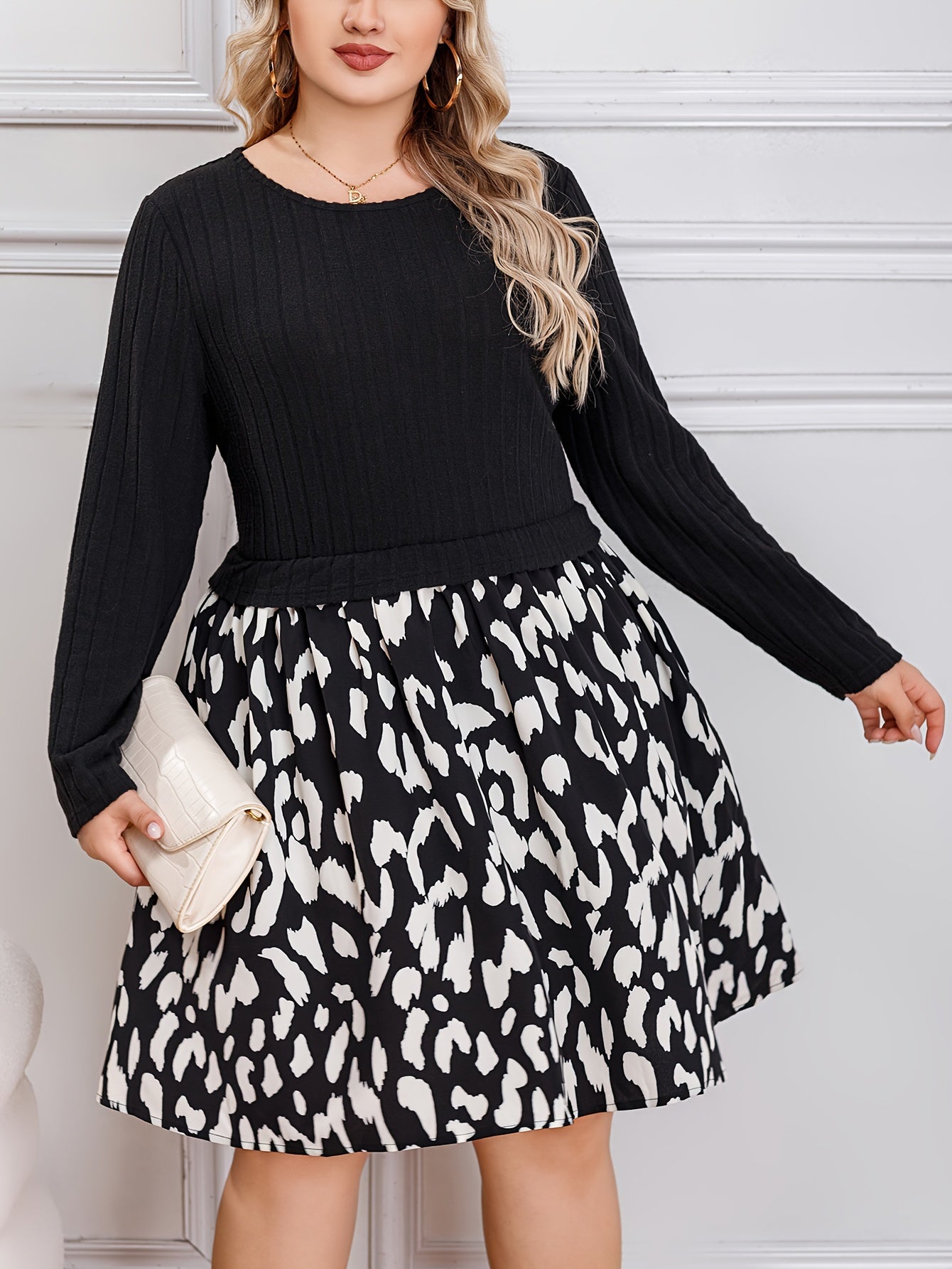 Colorblock Leopard Print Long Sleeve Dress