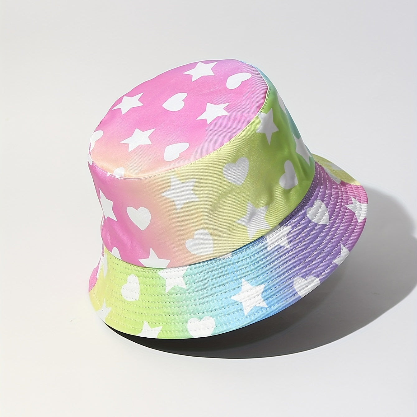 Gradient Pink Bucket Hat Star Heart Print Lightweight Sunscreen Fisherman Cap