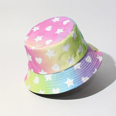 Gradient Pink Bucket Hat Star Heart Print Lightweight Sunscreen Fisherman Cap