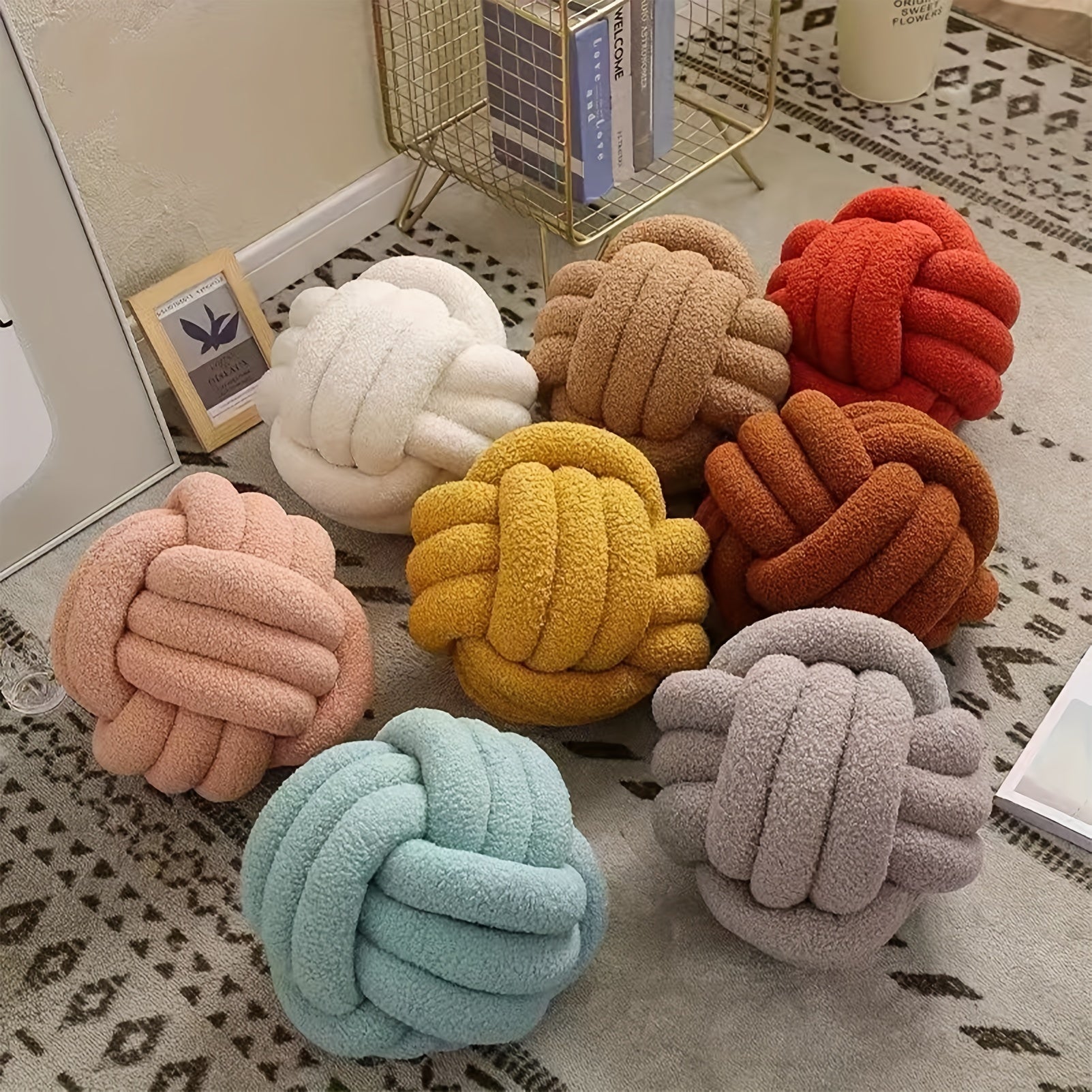 Hand Woven Knotted Ball Pillow Soft Sherpa Home Decorative Plush Pillow