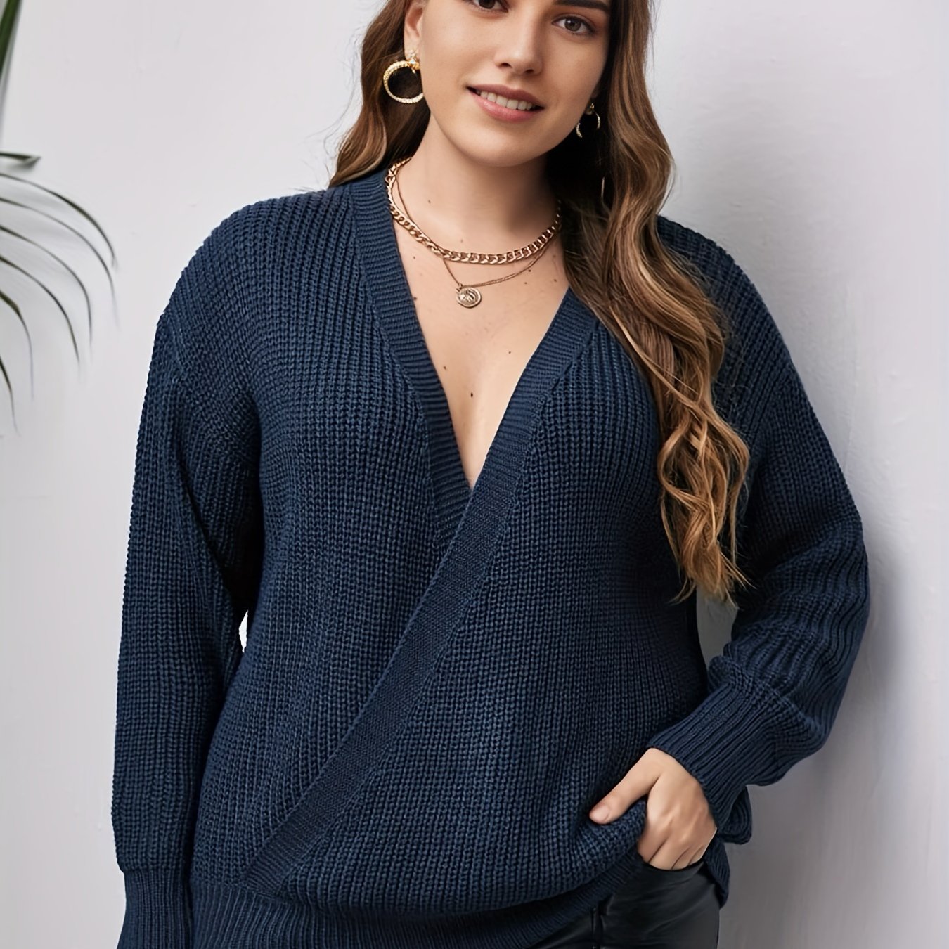 V Neck Long Sleeve Pullover Sweater Medium Stretch