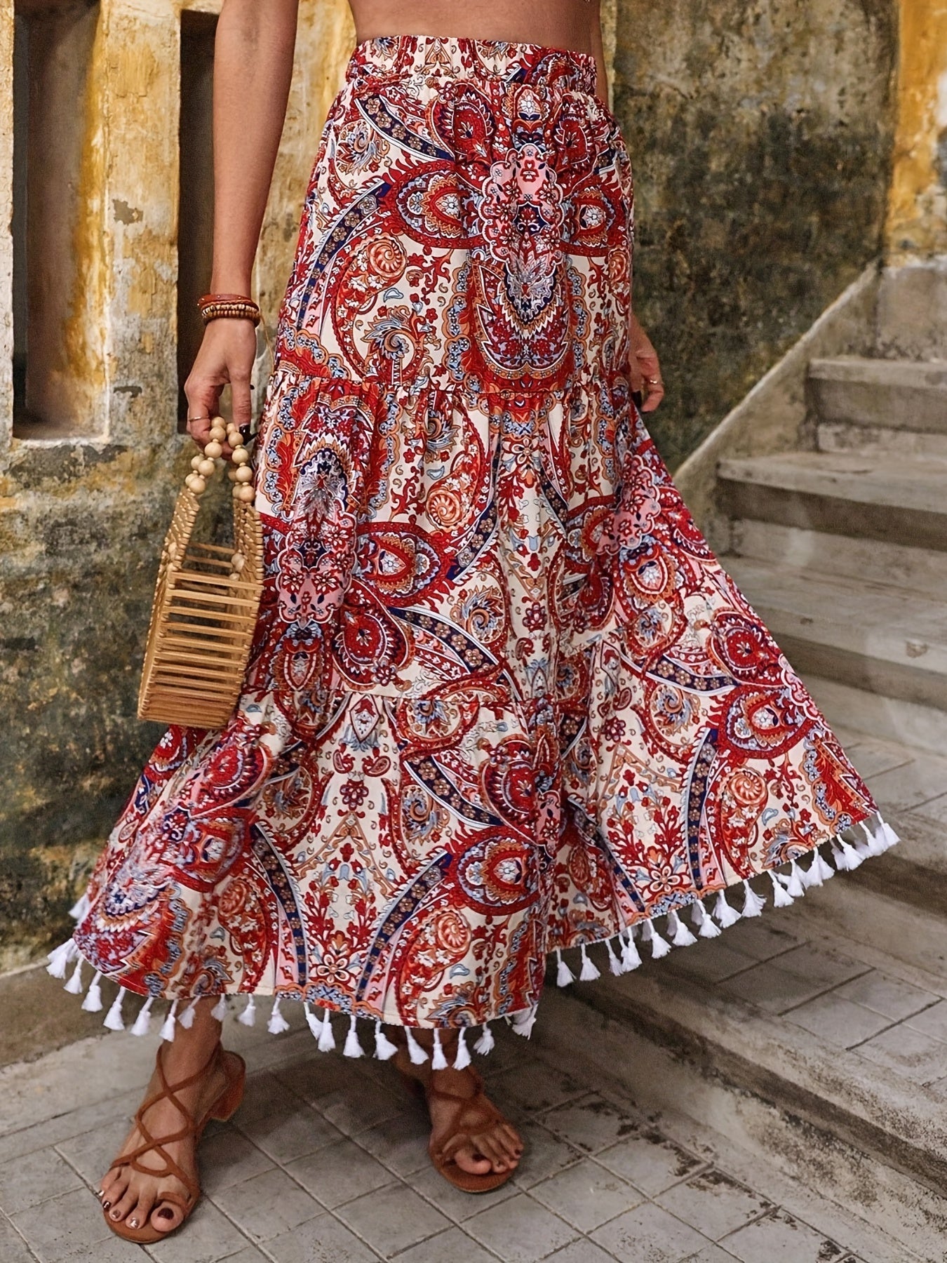 Boho Paisley Print Tassel Maxi Skirt
