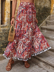 Boho Paisley Print Tassel Maxi Skirt