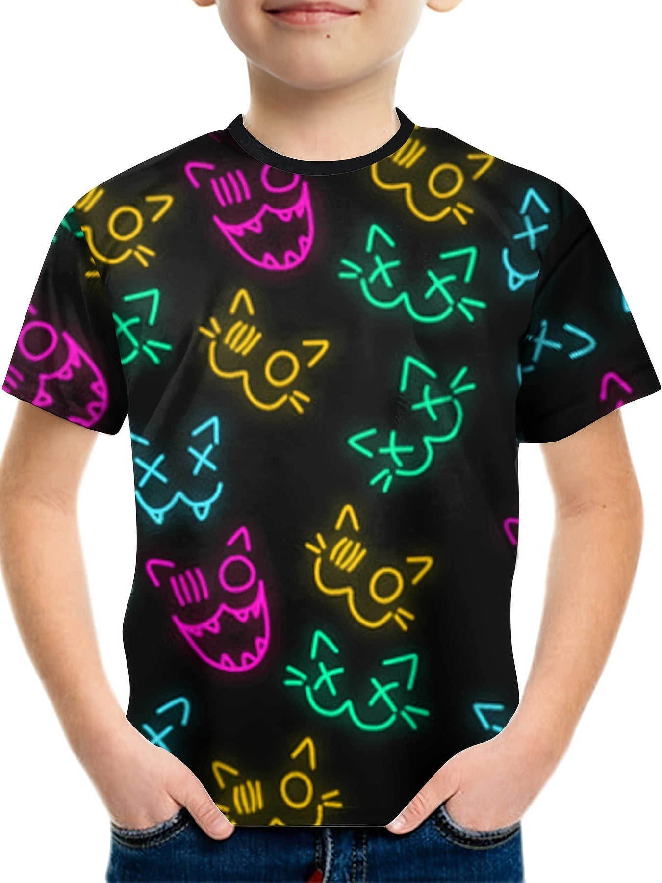 Cyberpunk Cat Print Boys Cartoon T Shirt - Kids Summer Clothes