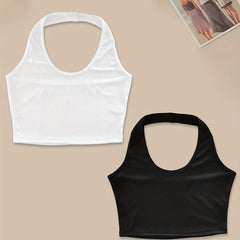 2pcs Solid Ribbed Halter Tops Crew Neck Backless Crop Top Women's Lingerie