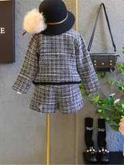 Girl's Tweed Jacket & Shorts Set Floral Decor Spring Autumn