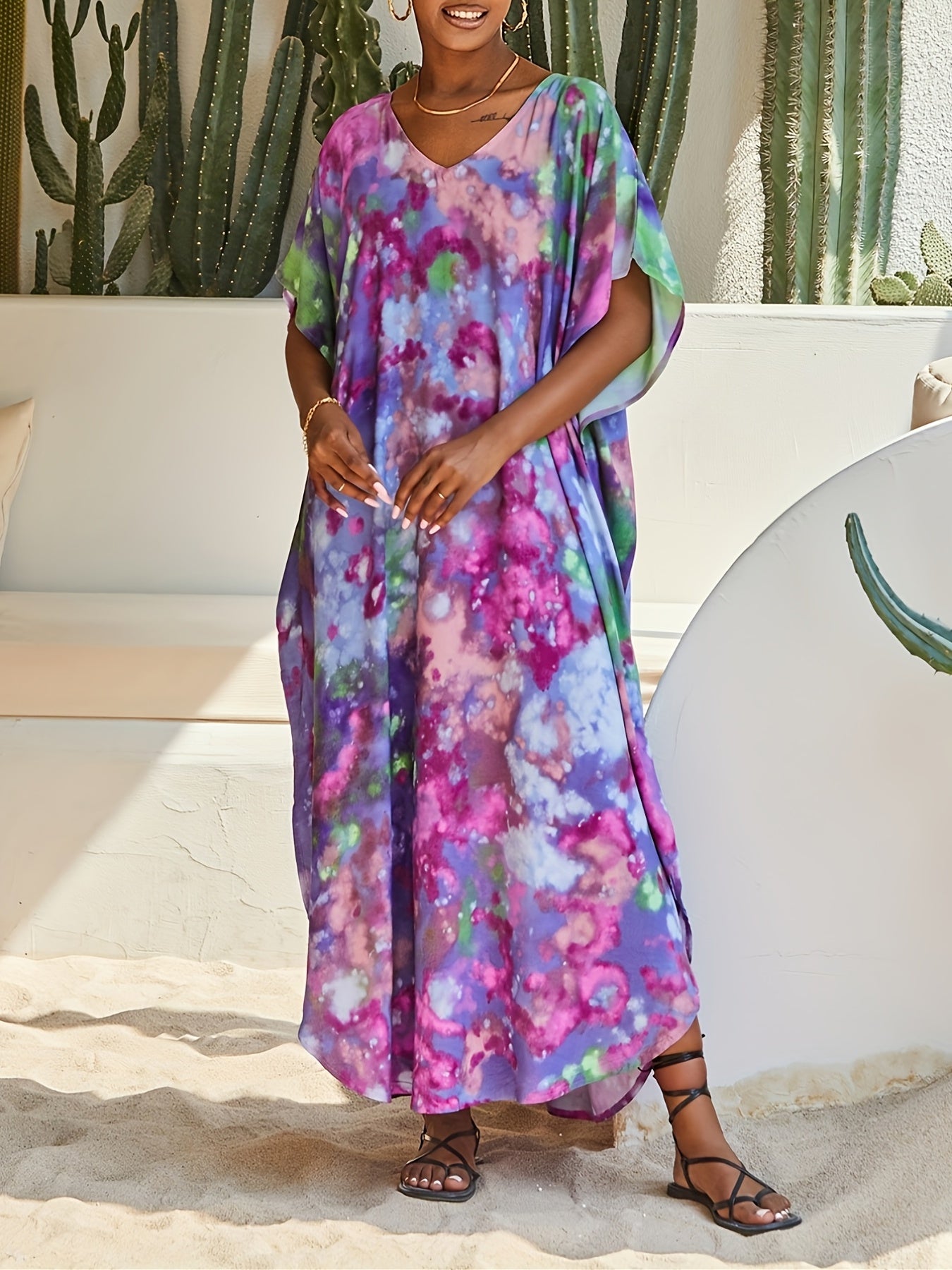 Tie Dye Bat Sleeve Cover Up Dress
