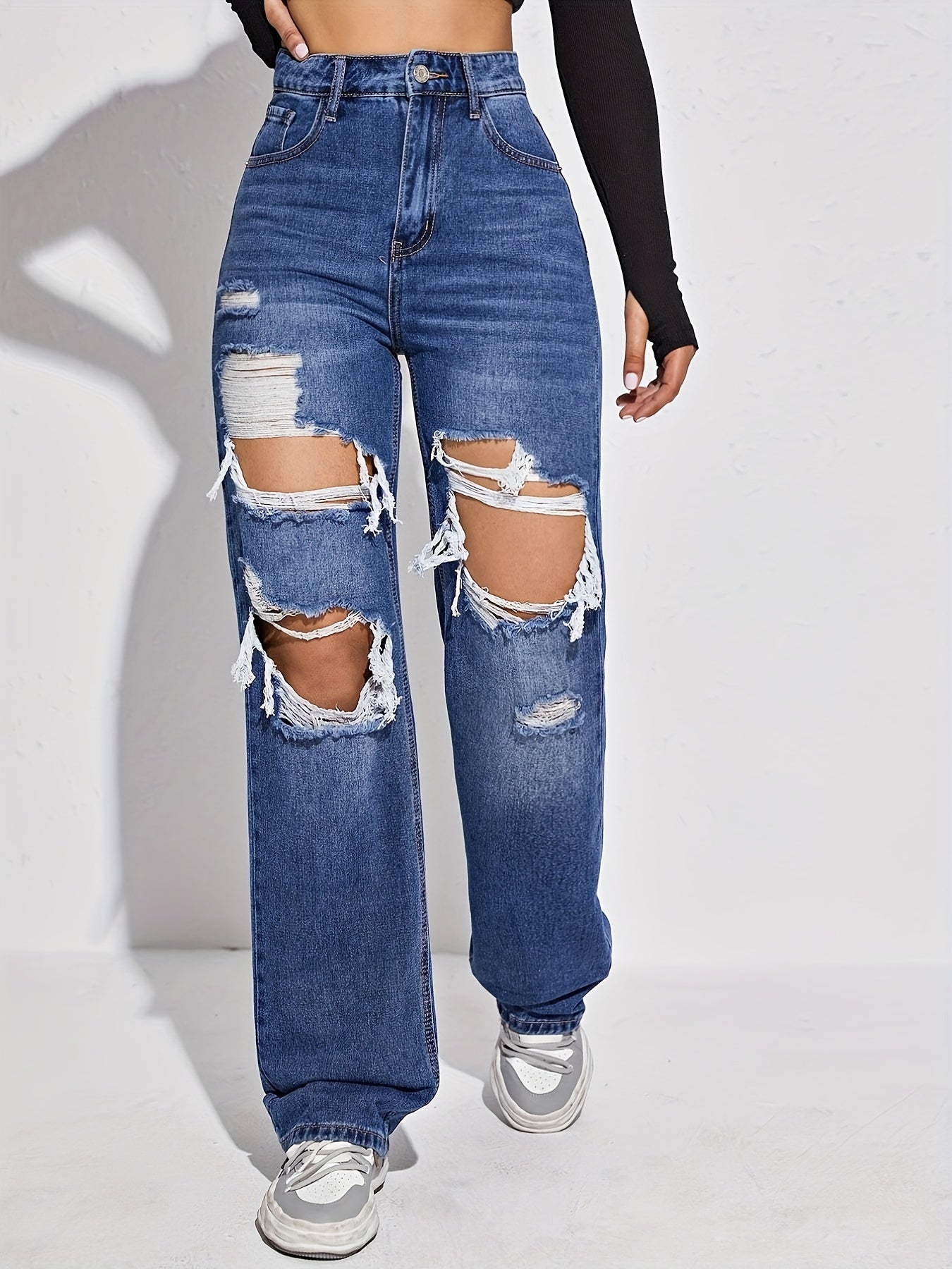 High Waist Ripped Straight Jeans Distressed Loose Fit Baggy Denim Pants