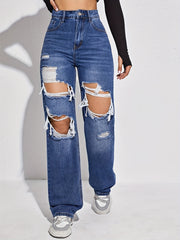 High Waist Ripped Straight Jeans Distressed Loose Fit Baggy Denim Pants
