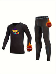 Kids Compression Fleece Sets Cartoon Pattern Crew Neck Pullover Pants Bod