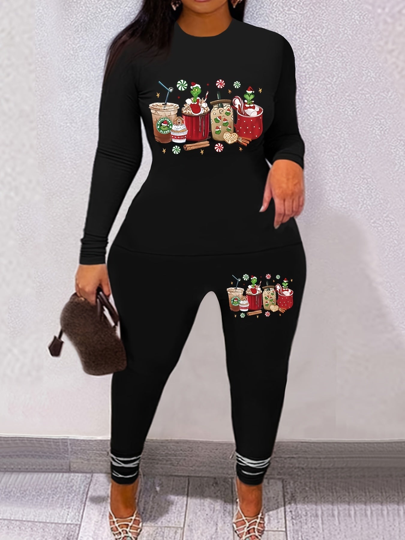 Christmas Matching 2pc Set Long Sleeve T-shirt & Leggings Women's Clothing