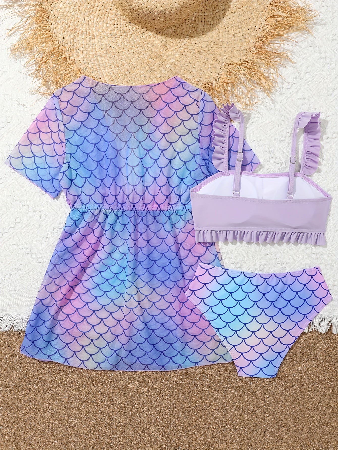 Girls 3pcs Fish Scale Swimsuit Set for Vacation