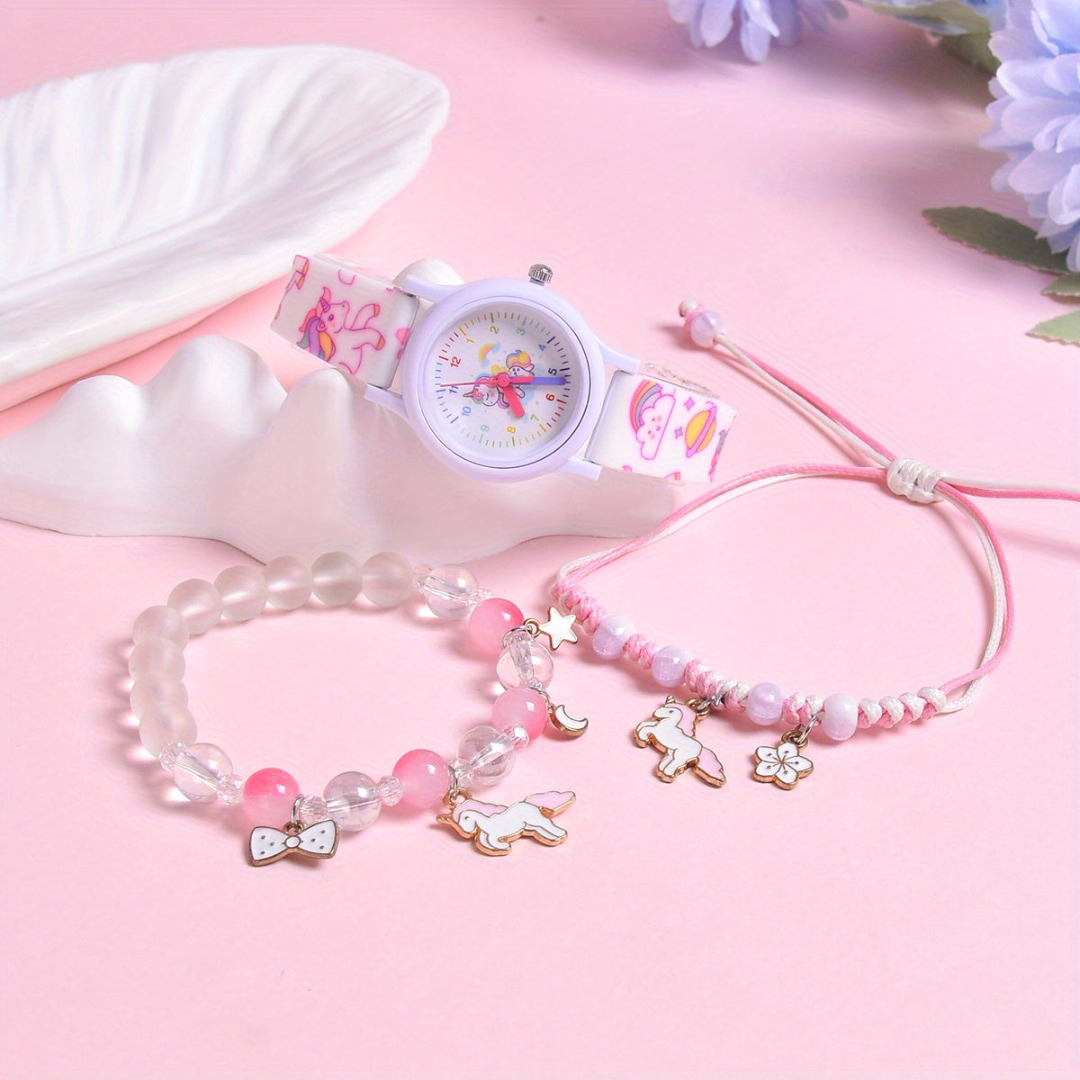 Cartoon Horse Print Wristband Set with Quartz Watch