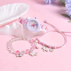 Cartoon Horse Print Wristband Set with Quartz Watch