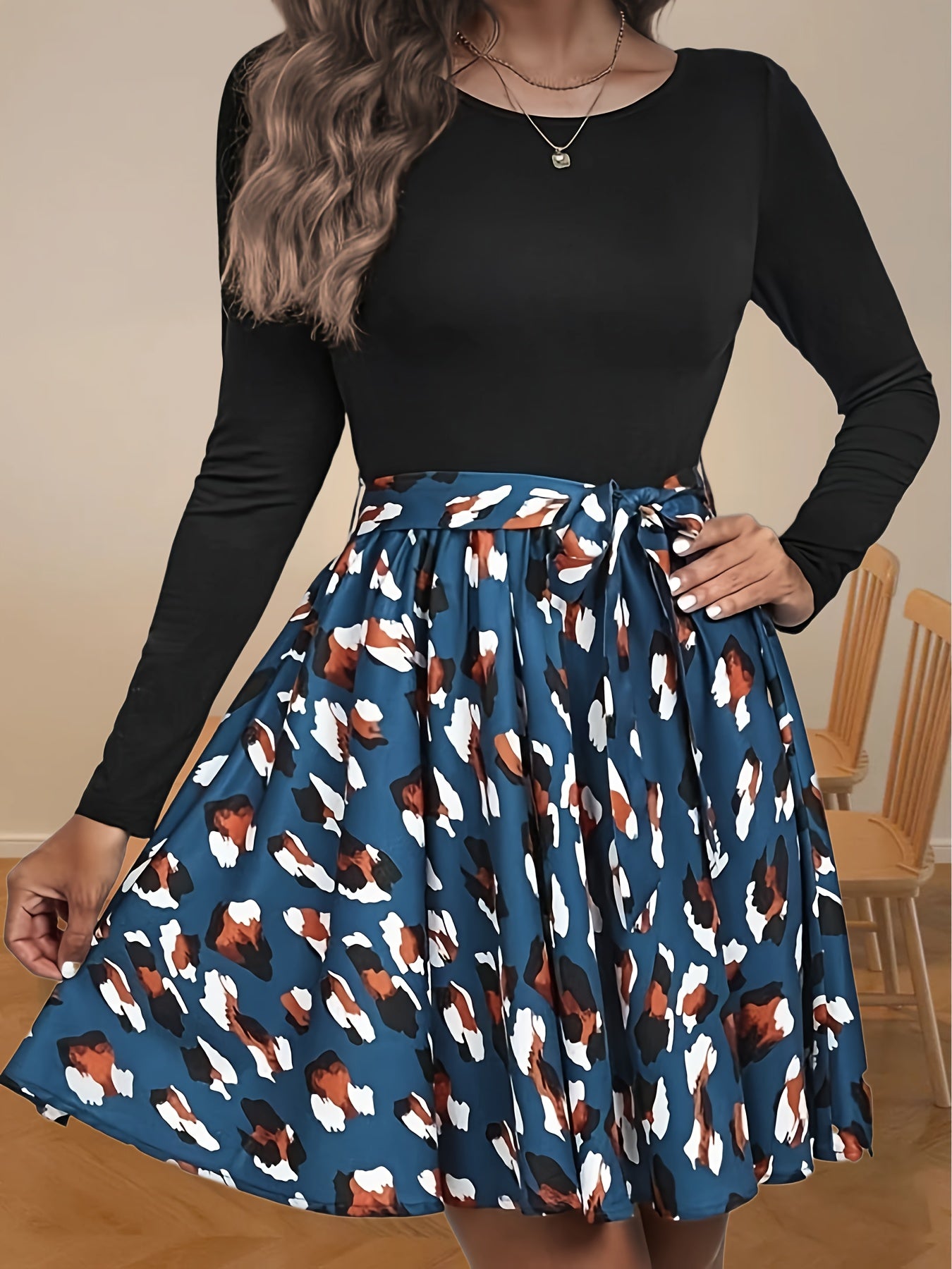 Colorblock Leopard Print Long Sleeve Dress with Belt