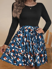 Colorblock Leopard Print Long Sleeve Dress with Belt