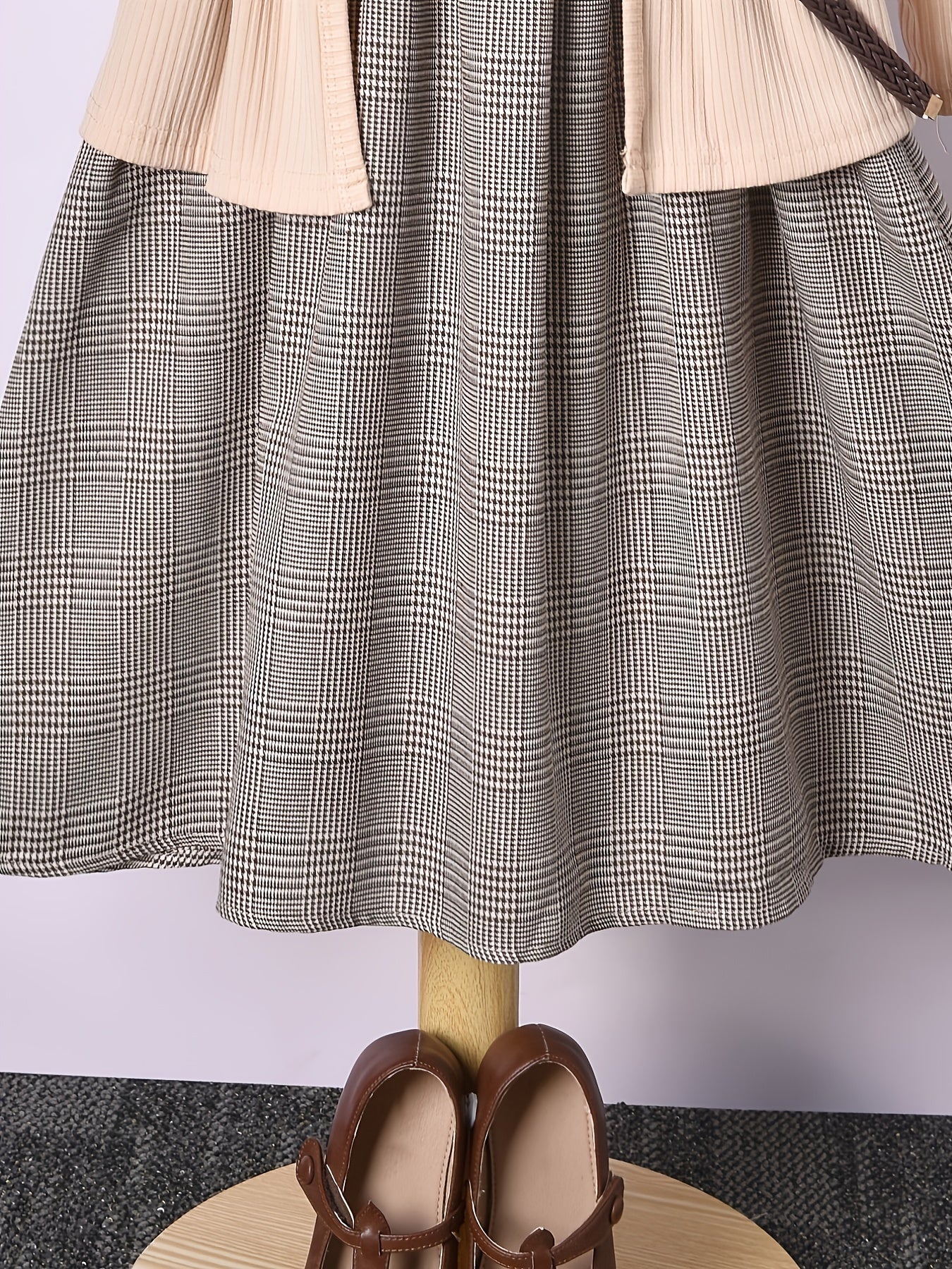 Girls Houndstooth Vest Dress & Apricot Ribbed Jacket Set