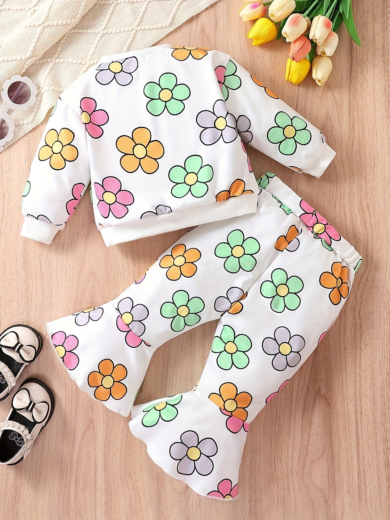 Baby Girls 2pcs Flower Graphic Ribbed Top Flared Pants Set