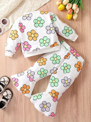 Baby Girls 2pcs Flower Graphic Ribbed Top Flared Pants Set