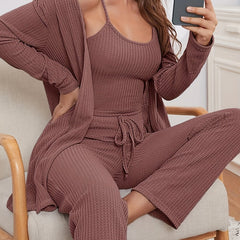 Waffle Lounge Set Robe & Cami Top & Lace Up Pants Women's Loungewear
