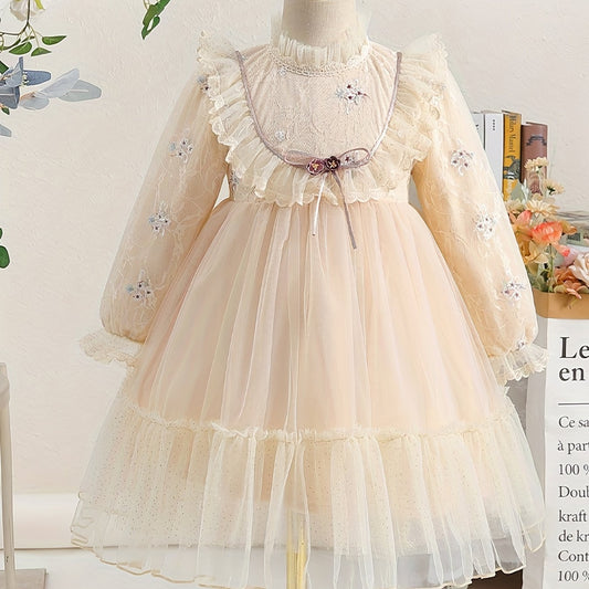 Girls' Lace Embroidered Princess Dress with Tulle
