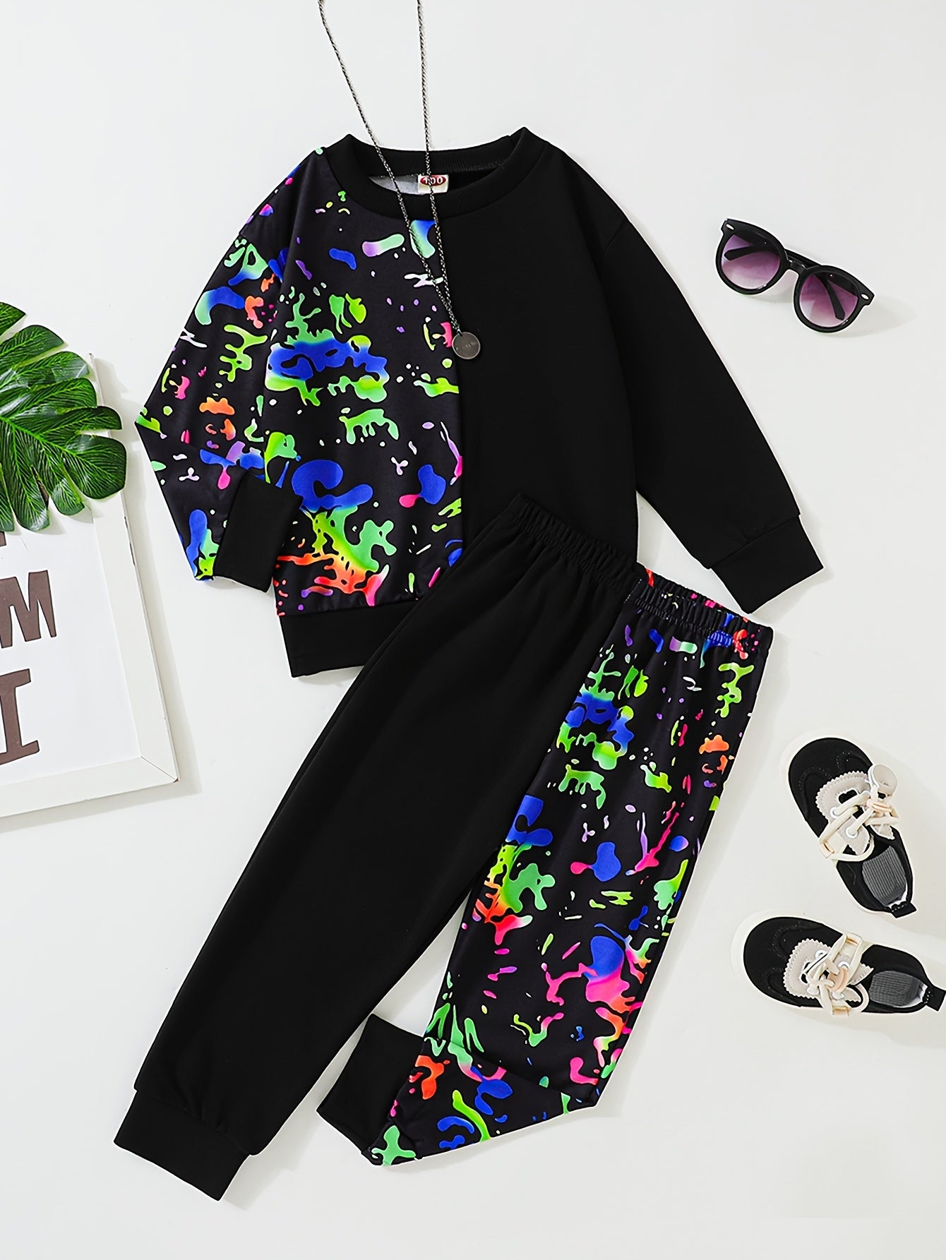 Reflective Paint Pattern Boy's 2pcs Sweatshirt & Sweatpants Set