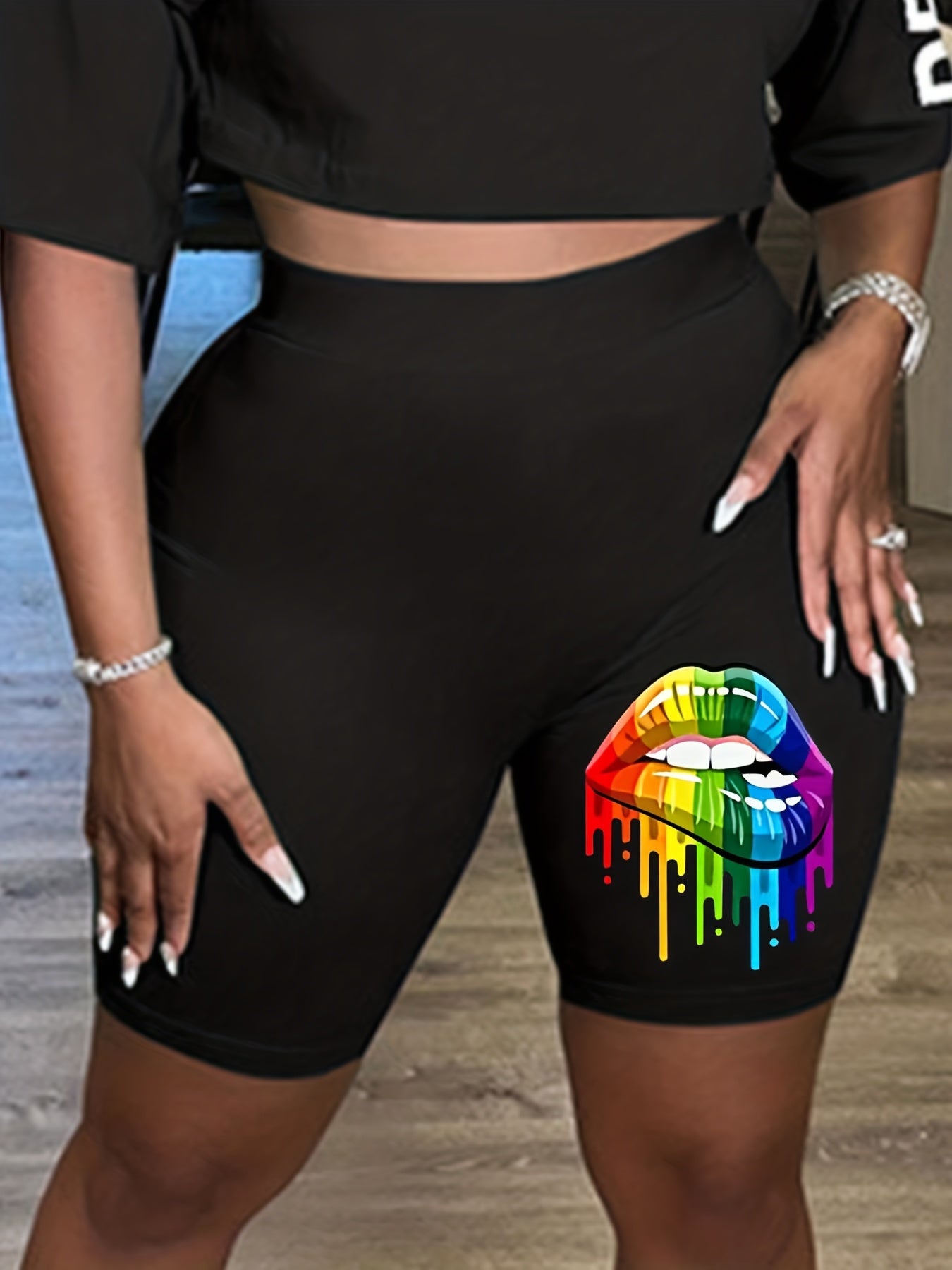 Rainbow Lip Print High Rise Biker Shorts