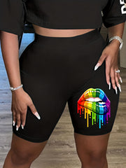 Rainbow Lip Print High Rise Biker Shorts