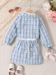 Girls 3pcs Turtleneck Top Coat Skirt Set Plaid Texture Casual Kids Clothes