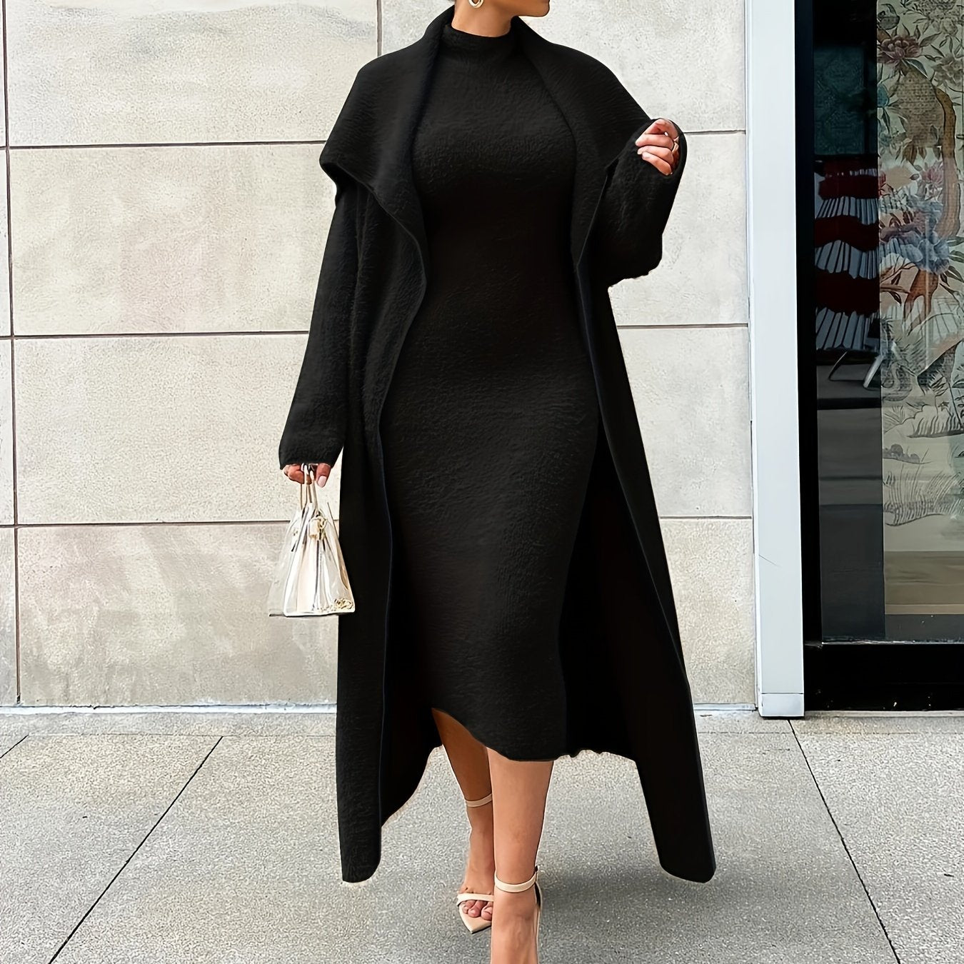 Solid Flannel Cardigan & Midi Dress Set