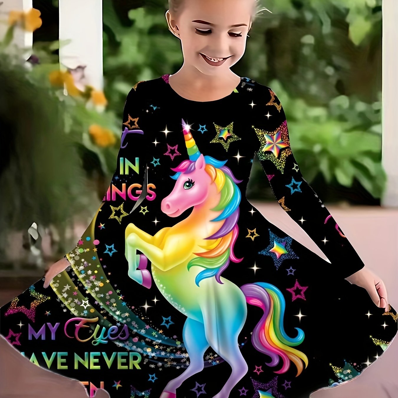 Girls 3D Unicorn & Star Crew Neck Long Sleeve Dress Spring Fall Party Gift