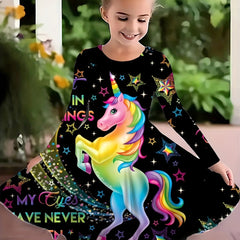 Girls 3D Unicorn & Star Crew Neck Long Sleeve Dress Spring Fall Party Gift
