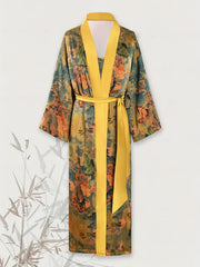 Ethnic Style V Neck Long Sleeve Lounge Robe With Belt Women's Sleepwear