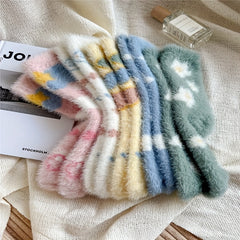 5 Pairs Heart & Floral Print Socks Fuzzy Warm Women's Stockings