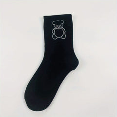 Bear Pattern Rhinestone Socks Mid Tube Women's Stockings