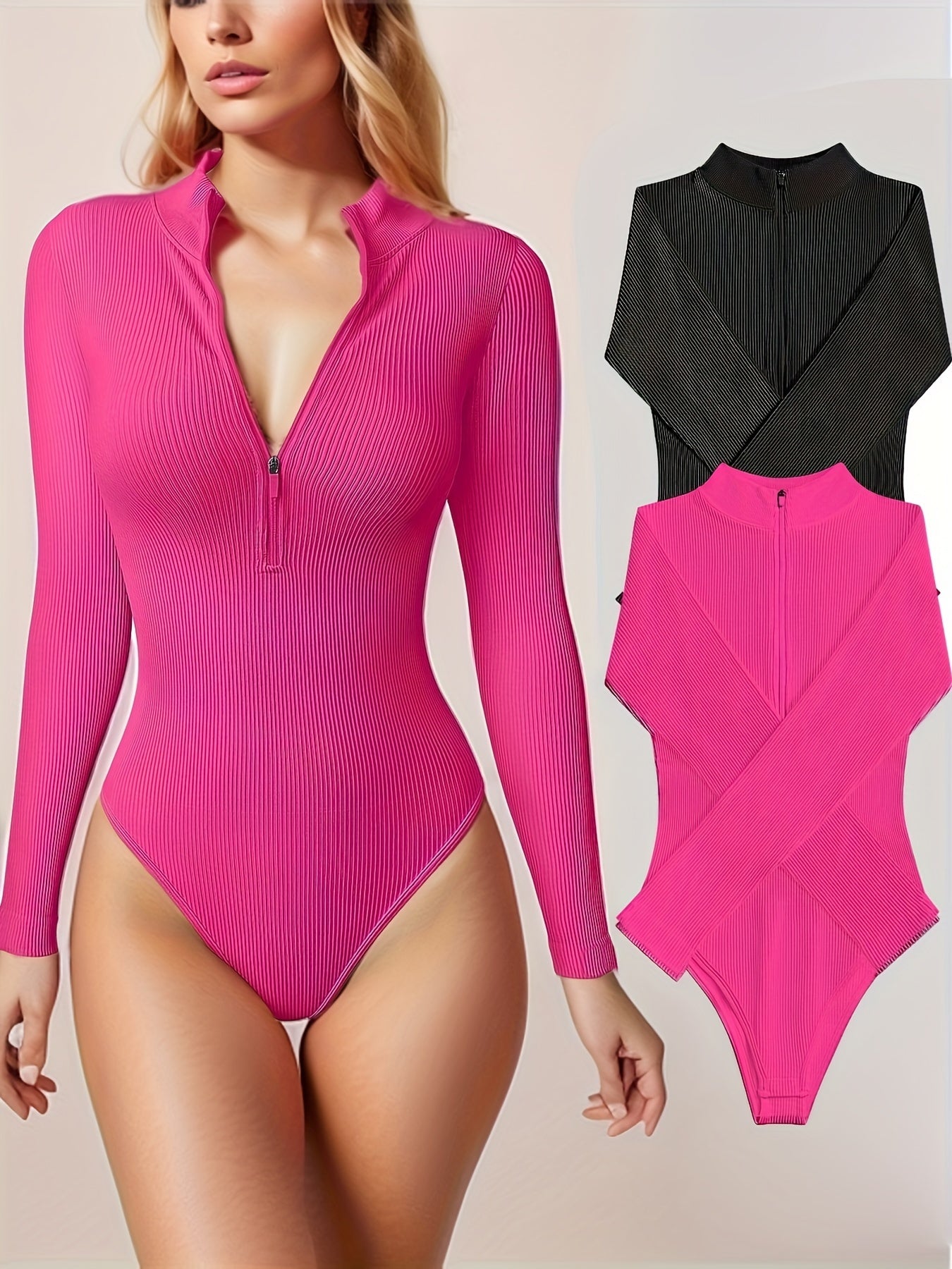 Ribbed Yoga Long Sleeve Zip Jumpsuit Mock Neck Bodysuit