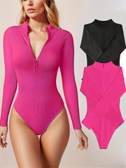 Ribbed Yoga Long Sleeve Zip Jumpsuit Mock Neck Bodysuit