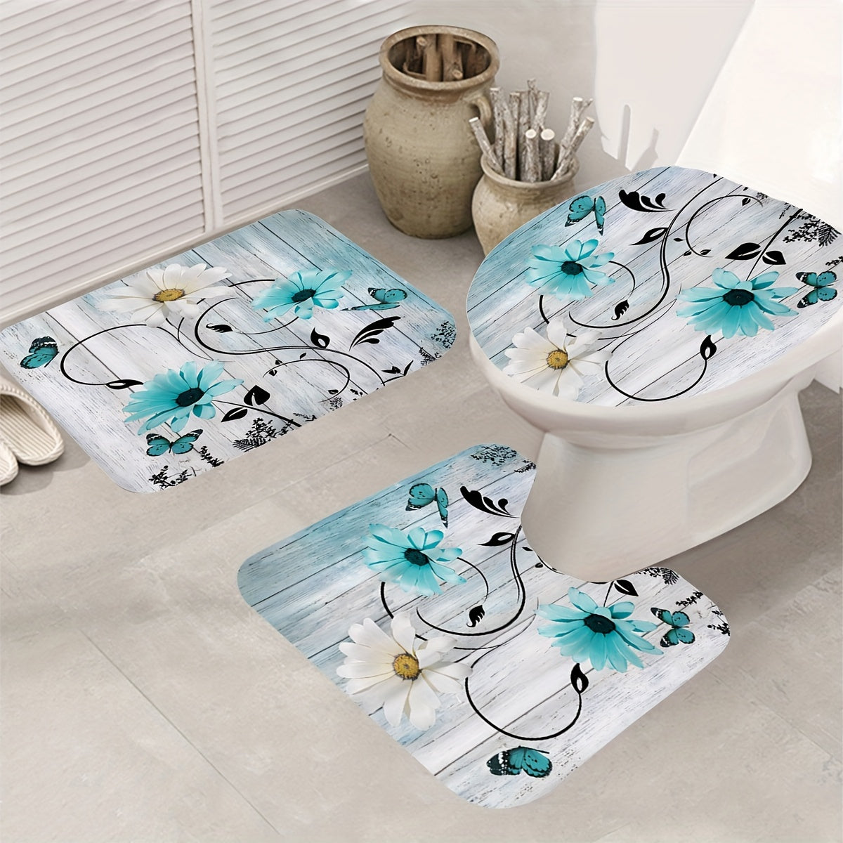 Flower & Butterfly Pattern Shower Curtain Set