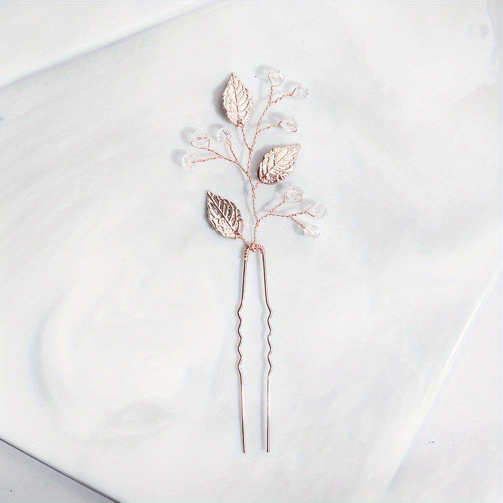 Alloy Leaves Faux Pearl Hairpin Wedding Dress U shaped Hair Headdress