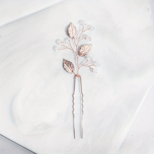 Alloy Leaves Faux Pearl Hairpin Wedding Dress U shaped Hair Headdress