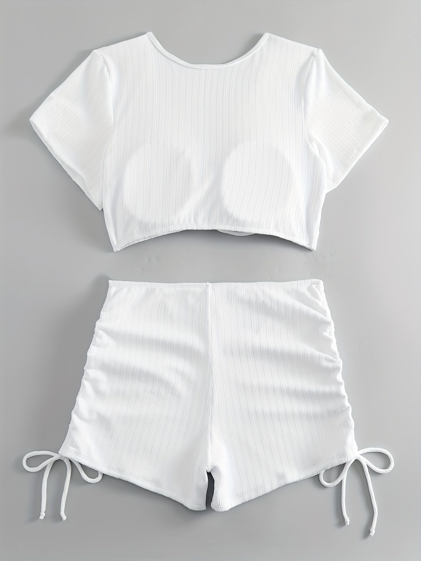Casual Swimsuit Set Solid Ruched V Neck Crop Top