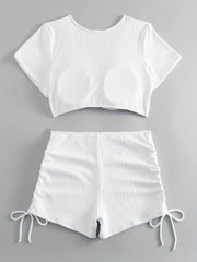 Casual Swimsuit Set Solid Ruched V Neck Crop Top