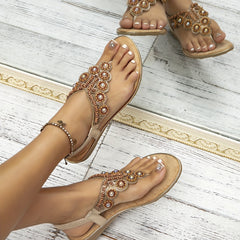 Boho Style Thong Sandals Faux Pearl Beads Decor Slip On Flat Sandals