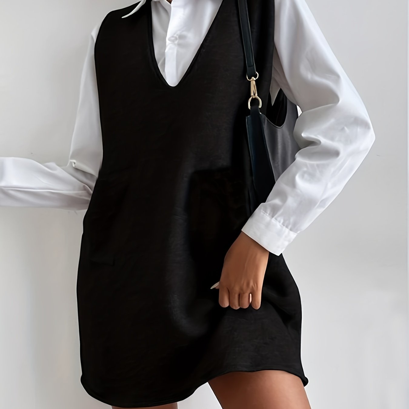Solid Button Up Shirt & Sleeveless Sweater Dress Set