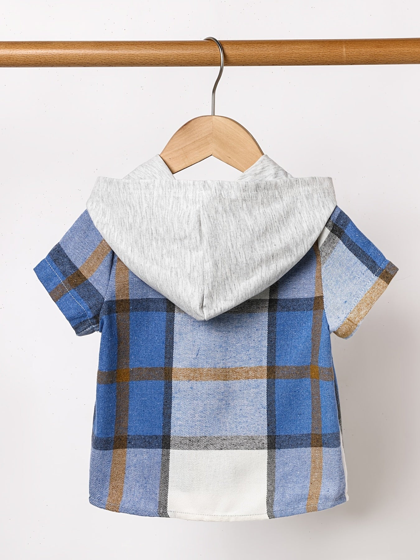 Boys Plaid Shirt Short Sleeves Hood Pocket Casual Kids Clothes