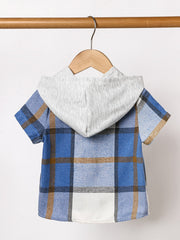 Boys Plaid Shirt Short Sleeves Hood Pocket Casual Kids Clothes