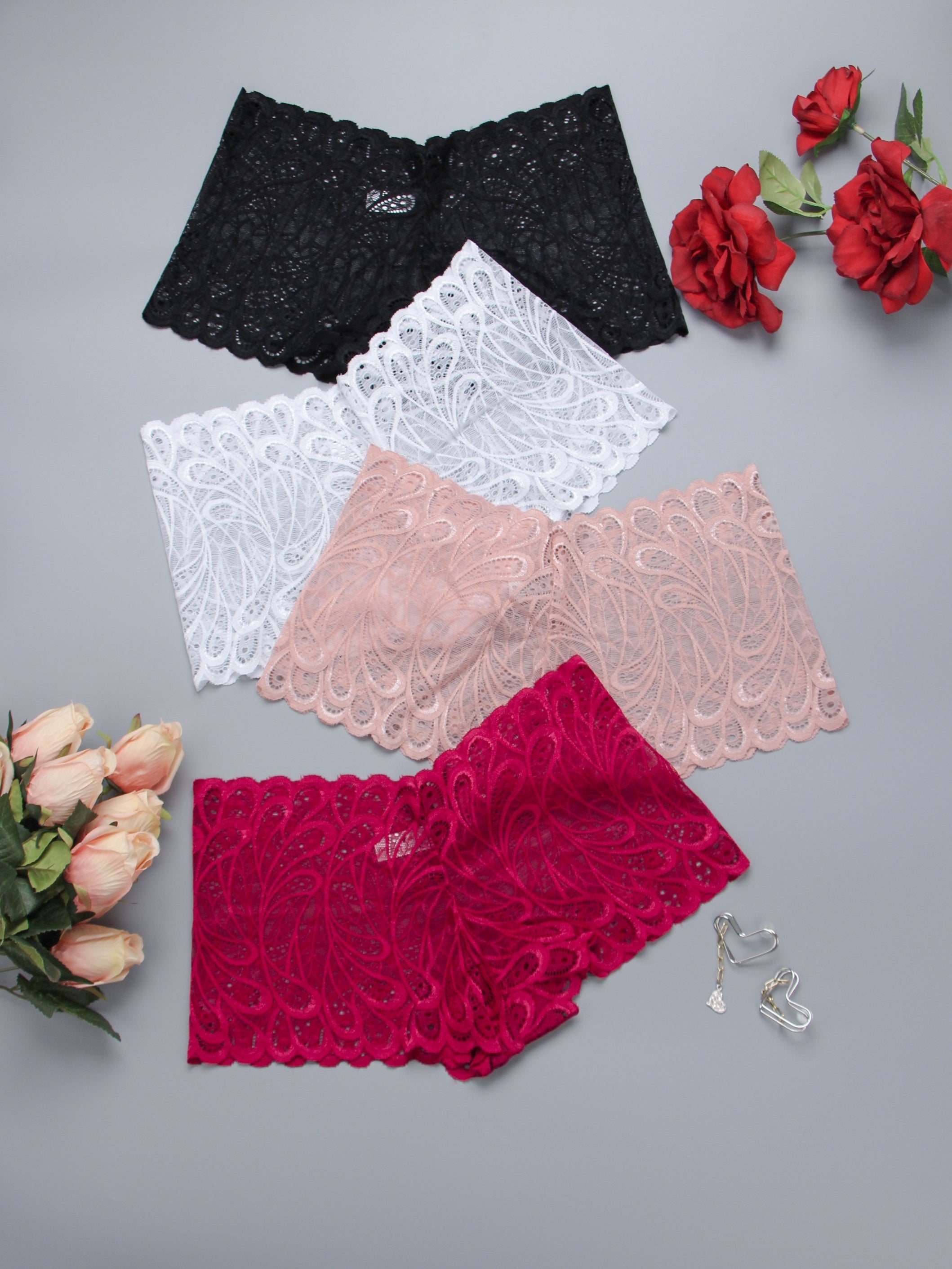 4pcs Floral Lace Boyshort Panties Soft & Comfortable Women's Lingerie