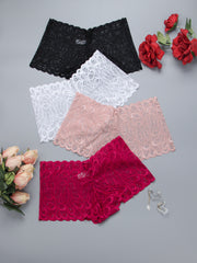 4pcs Floral Lace Boyshort Panties Soft & Comfortable Women's Lingerie