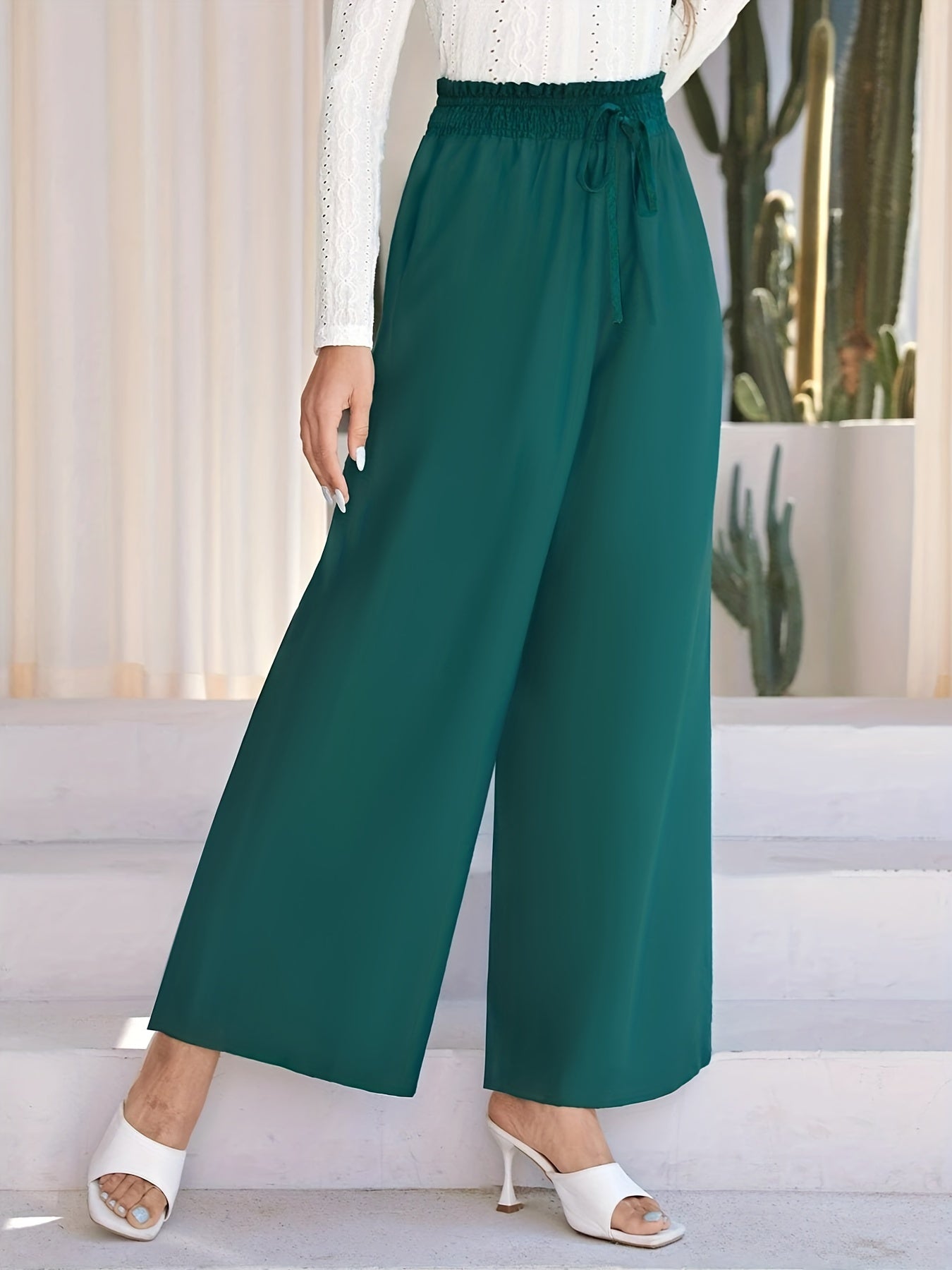 Solid Wide Leg Pants Paper Bag Waist Casual Women's Clothing