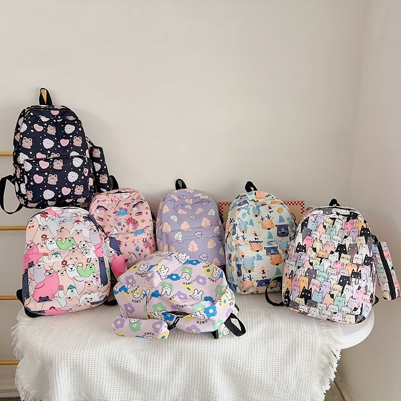 Cartoon Unicorn Bear Flower Backpack with Pen Bag for Kids